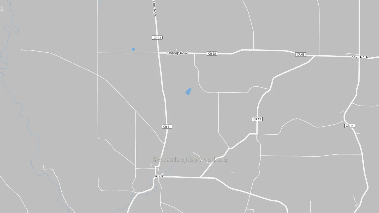 Walk Grade map of Otto, NY, walkable areas in green and car-dependent areas in red