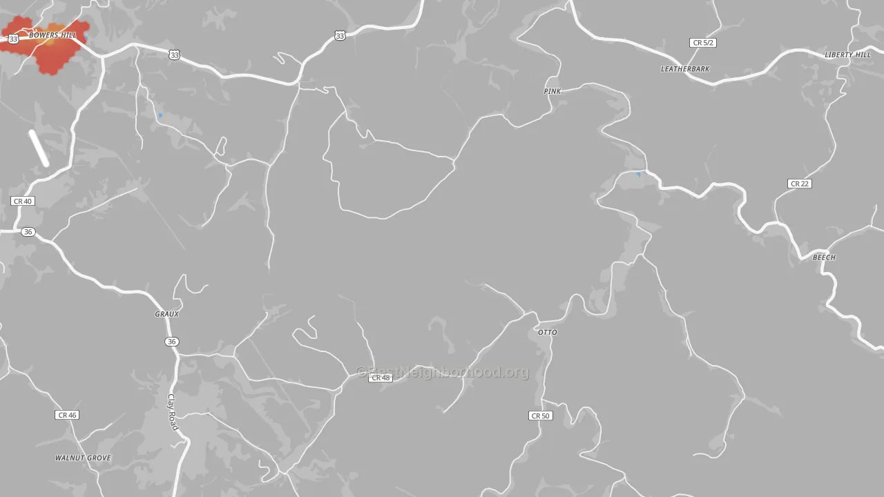 Walk Grade map of Otto, WV, walkable areas in green and car-dependent areas in red