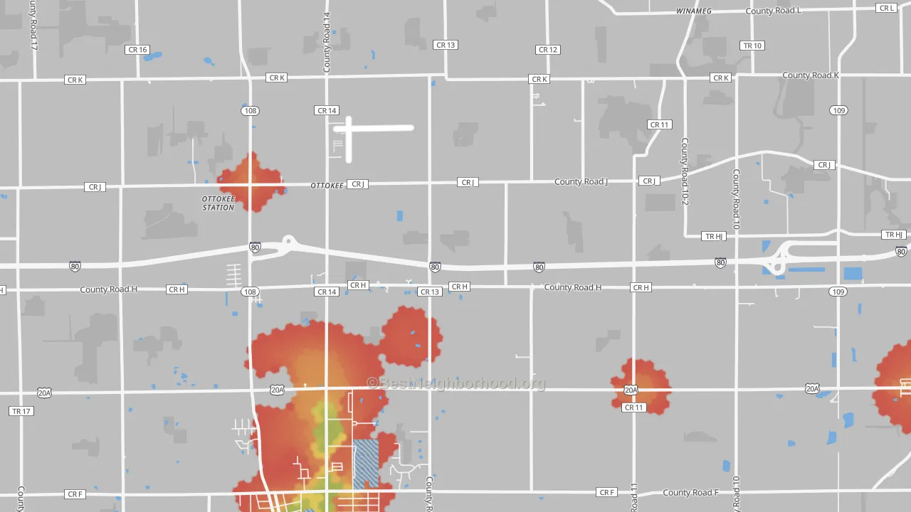 Walk Grade map of Ottokee, OH, walkable areas in green and car-dependent areas in red