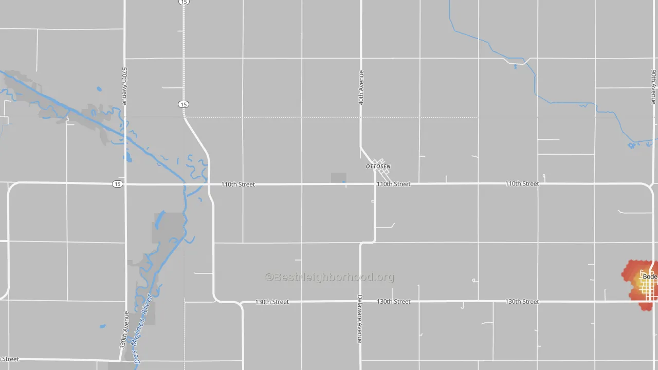 Walk Grade map of Ottosen, IA, walkable areas in green and car-dependent areas in red
