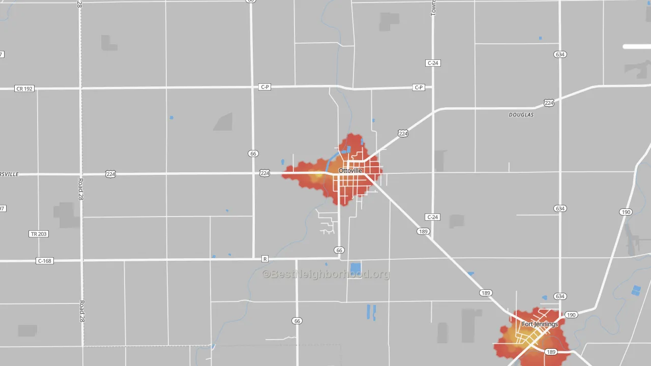 Walk Grade map of Ottoville, OH, walkable areas in green and car-dependent areas in red