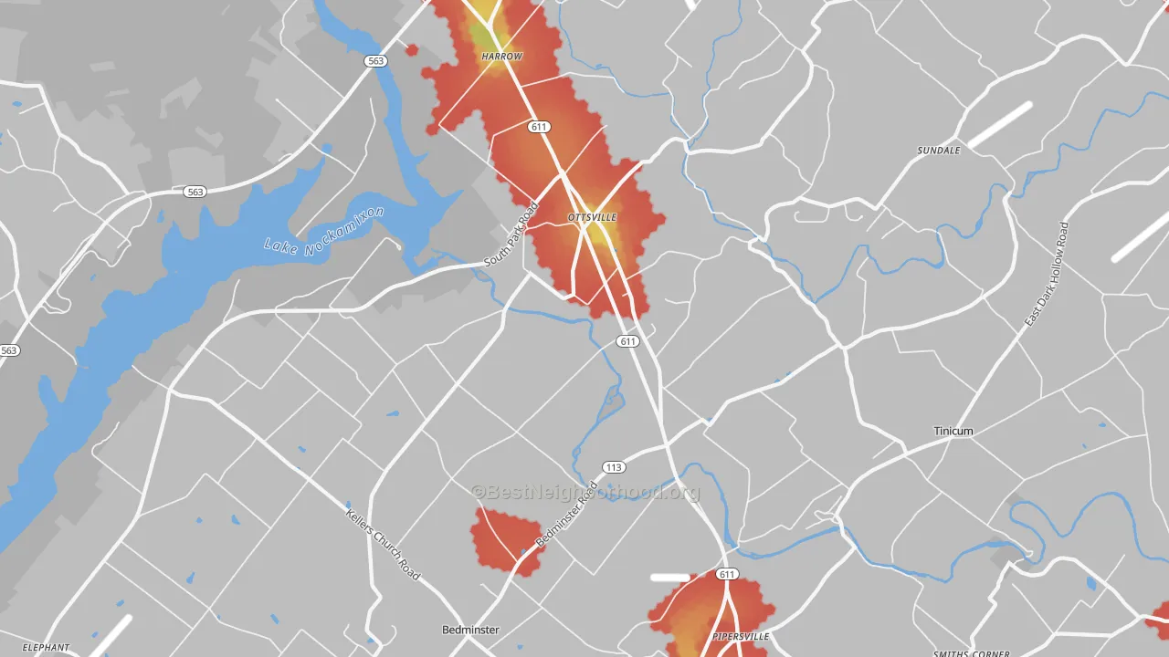 Walk Grade map of Ottsville, PA, walkable areas in green and car-dependent areas in red