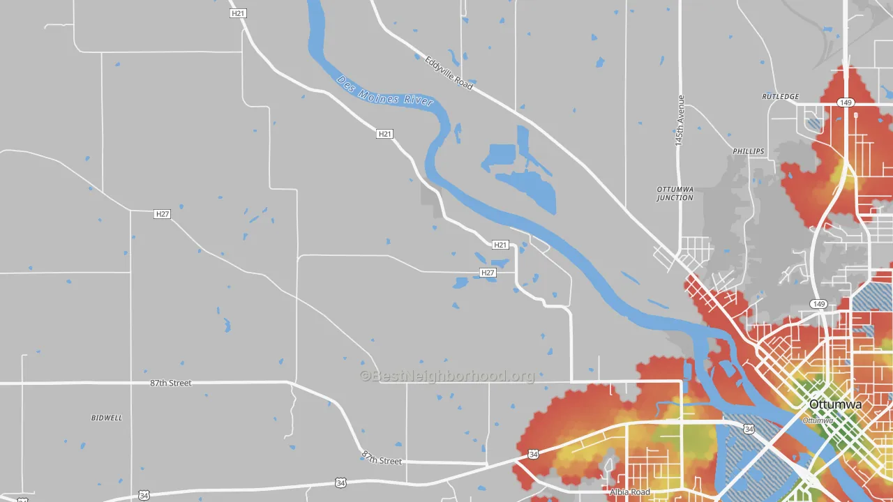 Walk Grade map of Ottumwa Junction, IA, walkable areas in green and car-dependent areas in red