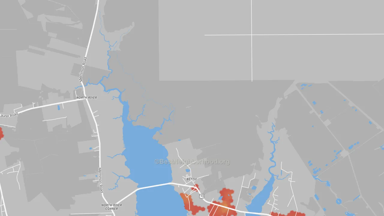 Walk Grade map of Otway, NC, walkable areas in green and car-dependent areas in red
