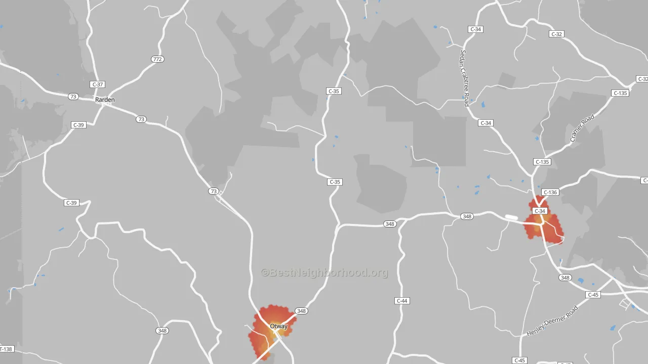 Walk Grade map of Otway, OH, walkable areas in green and car-dependent areas in red
