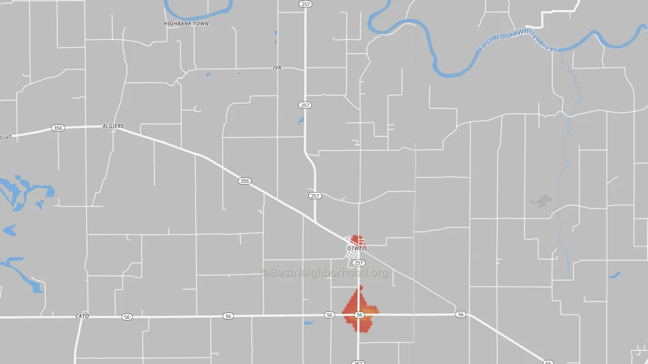 Walk Grade map of Otwell, IN, walkable areas in green and car-dependent areas in red