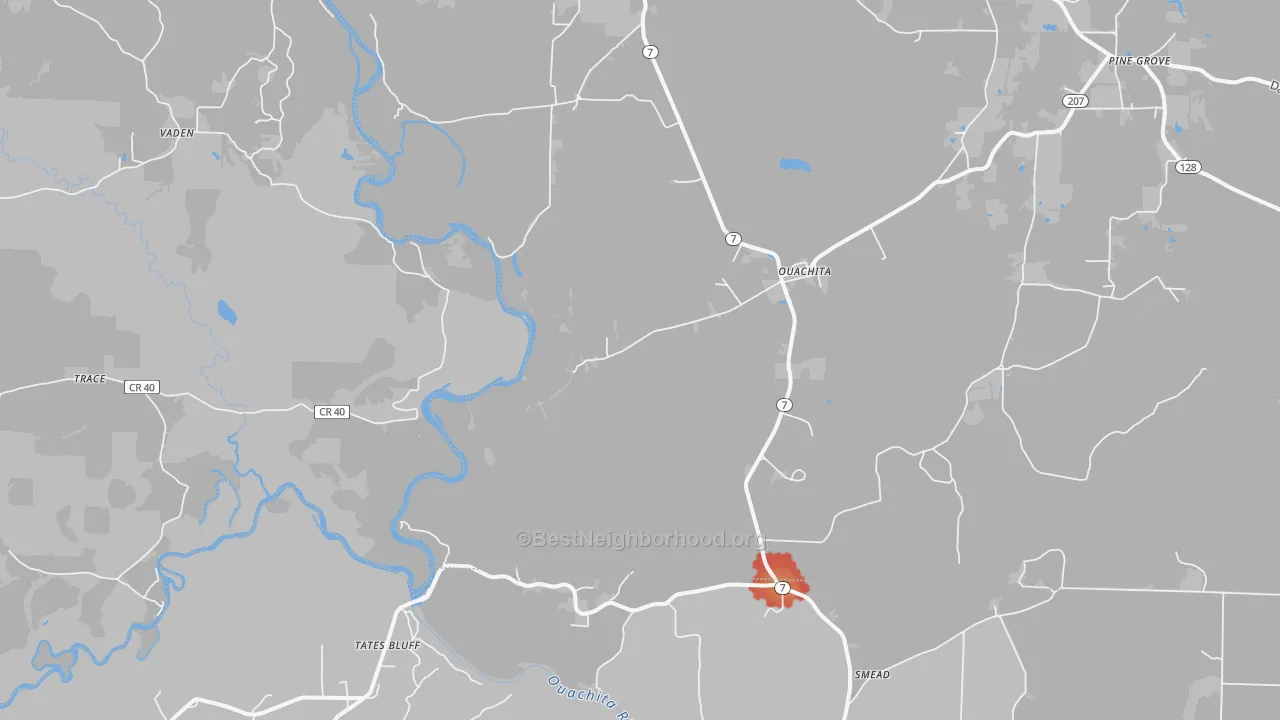 Walk Grade map of Ouachita, AR, walkable areas in green and car-dependent areas in red