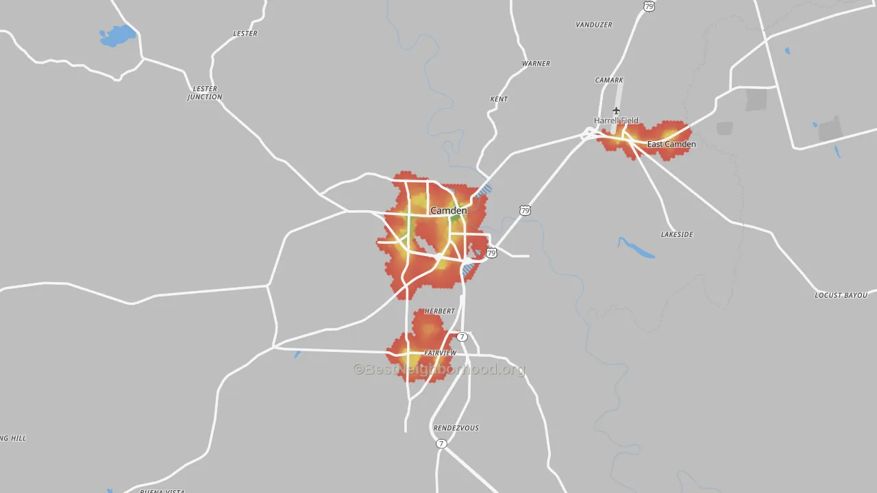Walk Grade map of Ouachita County, AR, walkable areas in green and car-dependent areas in red
