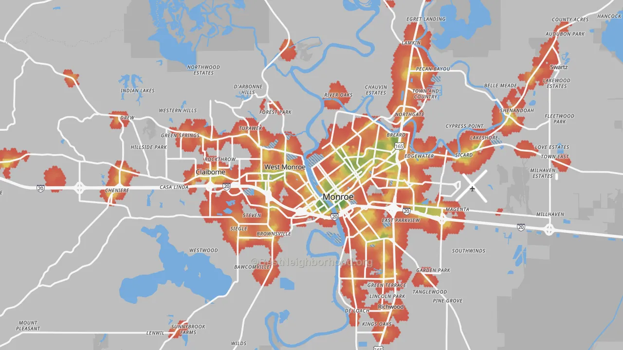 Walk Grade map of Ouachita Parish, LA, walkable areas in green and car-dependent areas in red