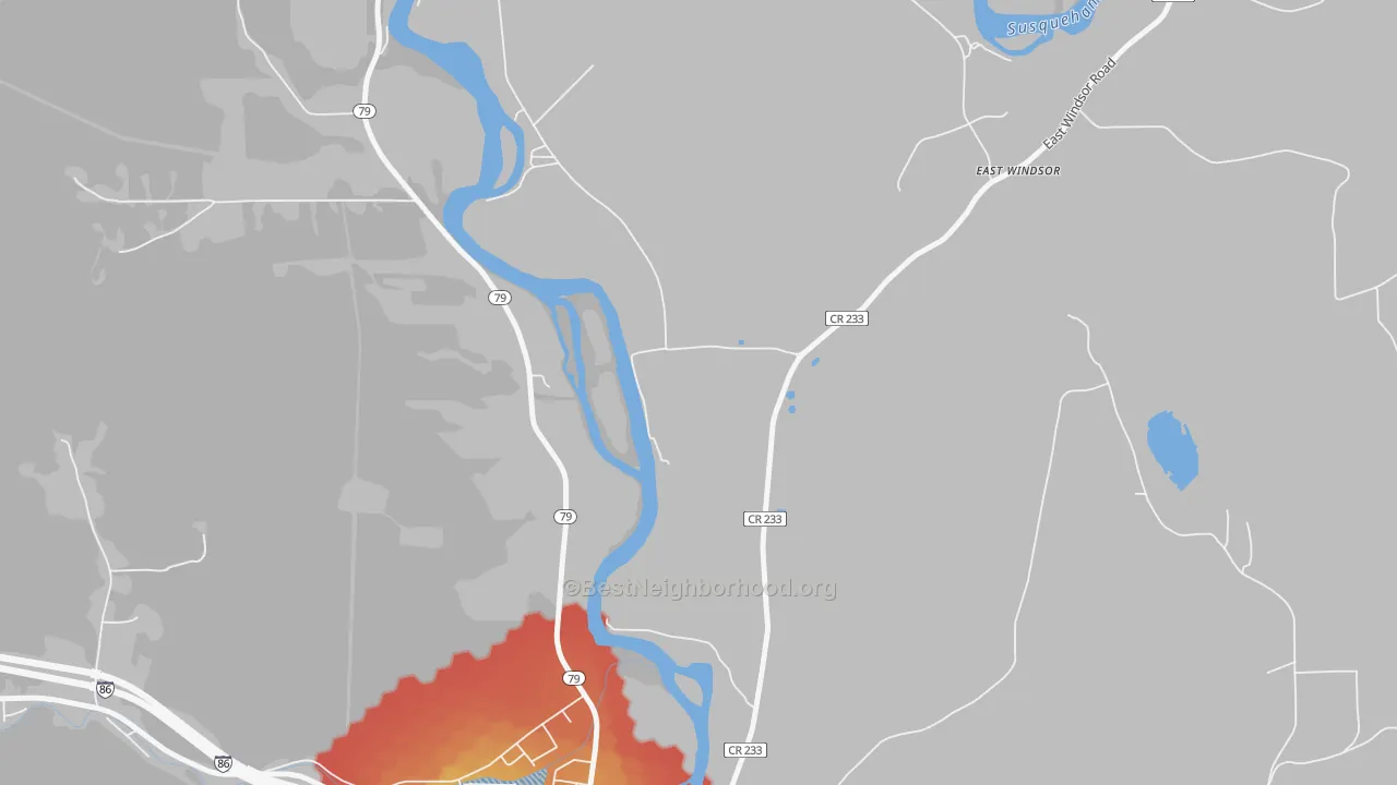 Walk Grade map of Ouaquaga, NY, walkable areas in green and car-dependent areas in red