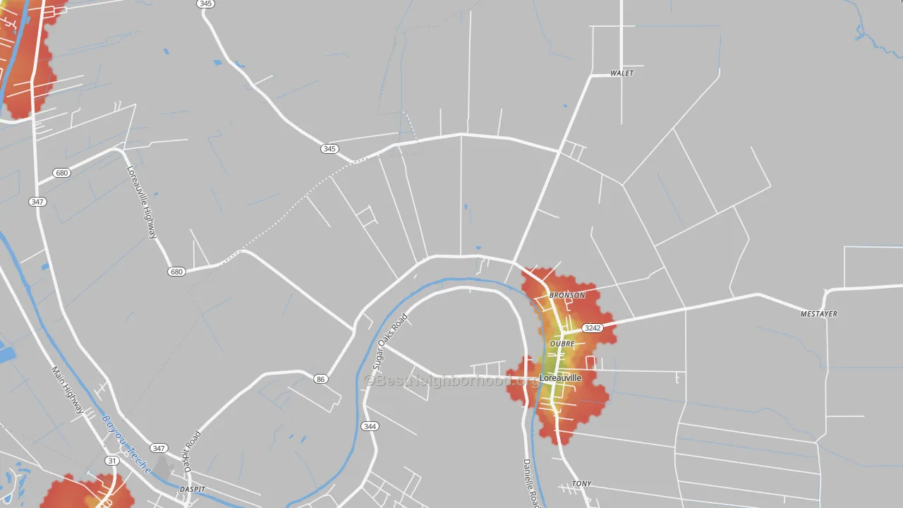 Walk Grade map of Oubre, LA, walkable areas in green and car-dependent areas in red