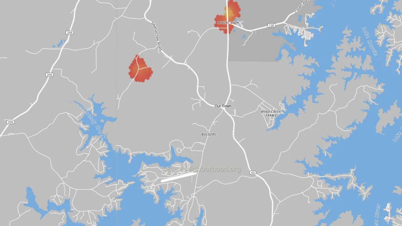 Walk Grade map of Our Town, AL, walkable areas in green and car-dependent areas in red