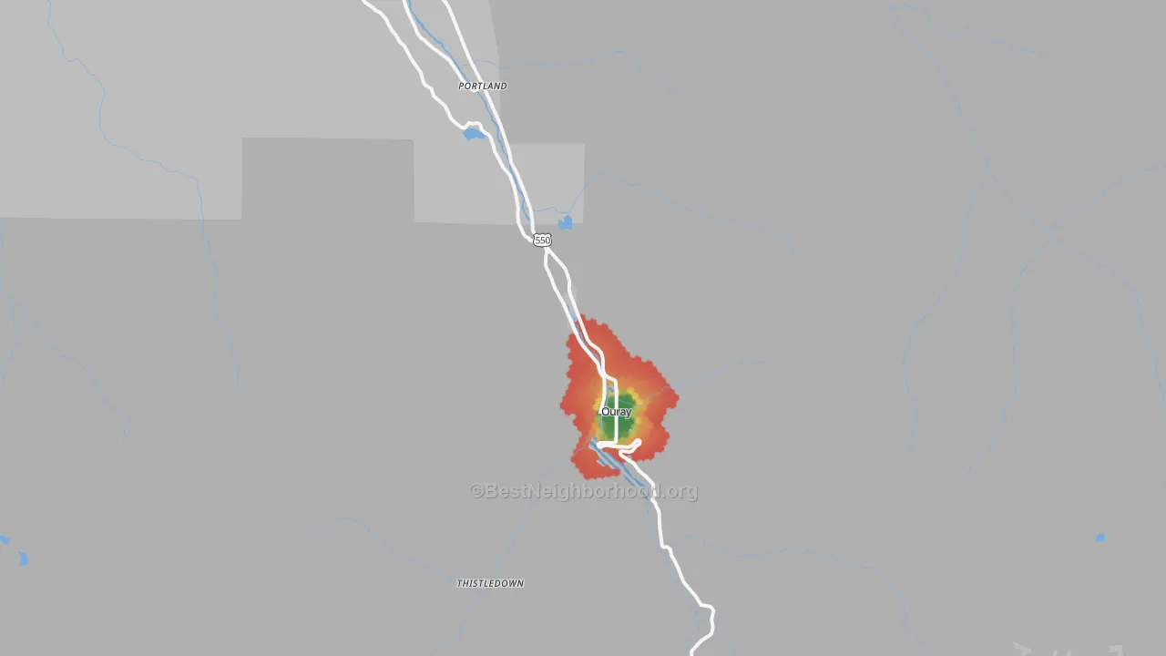 Walk Grade map of Ouray, CO, walkable areas in green and car-dependent areas in red