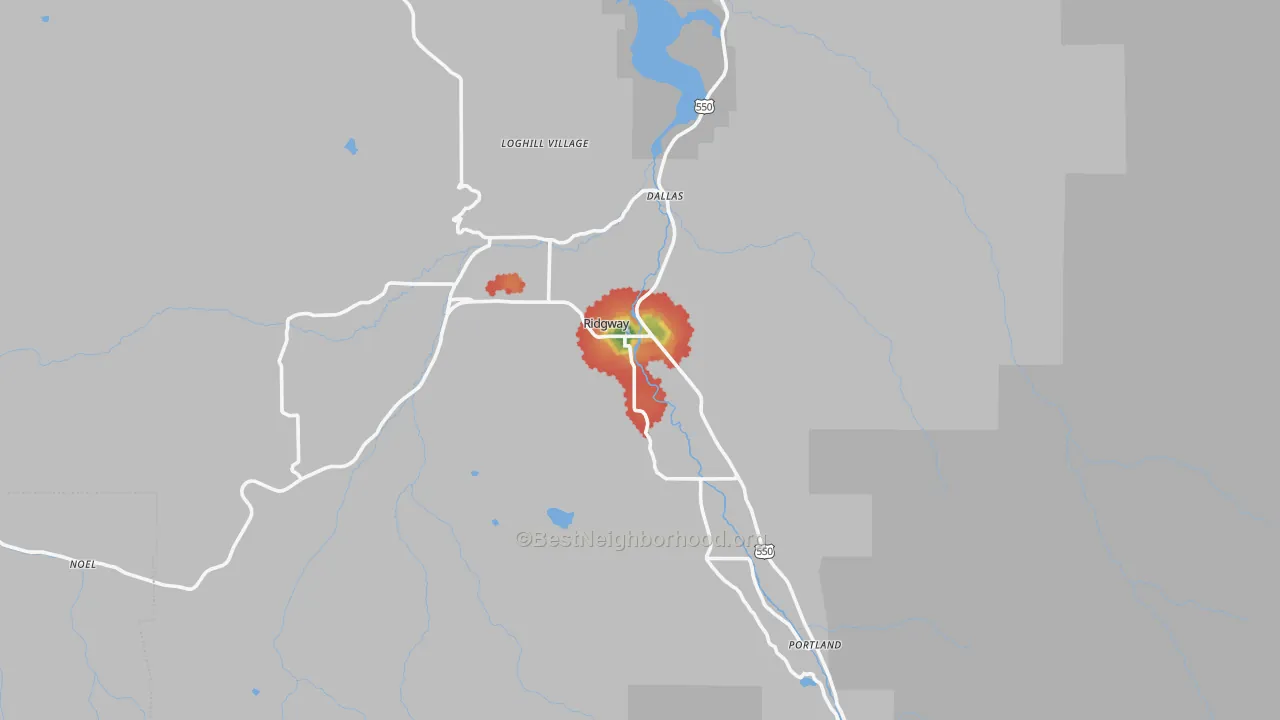 Walk Grade map of Ouray County, CO, walkable areas in green and car-dependent areas in red