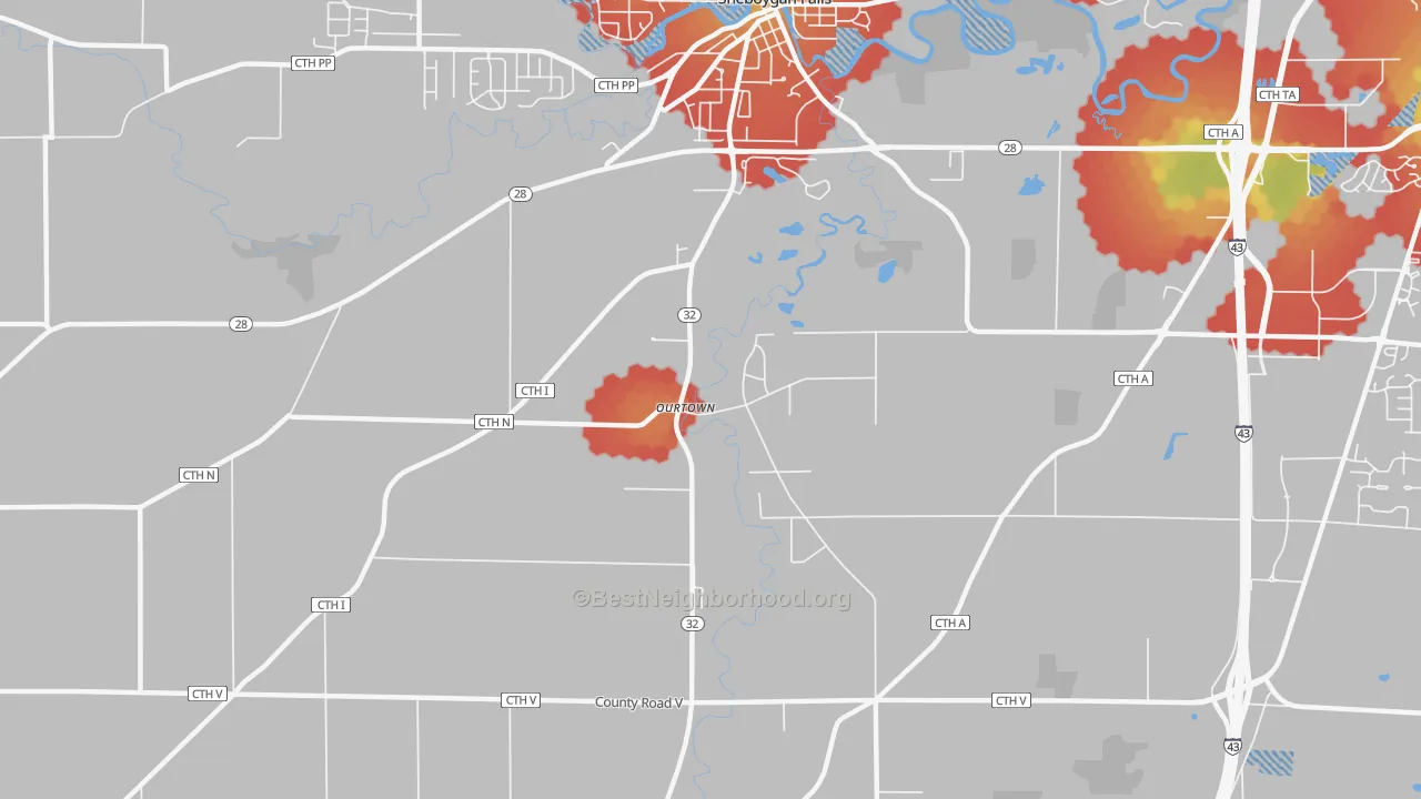 Walk Grade map of Ourtown, WI, walkable areas in green and car-dependent areas in red