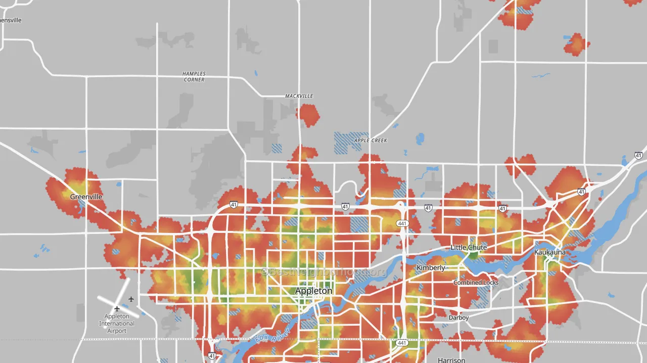 Walk Grade map of Outagamie County, WI, walkable areas in green and car-dependent areas in red
