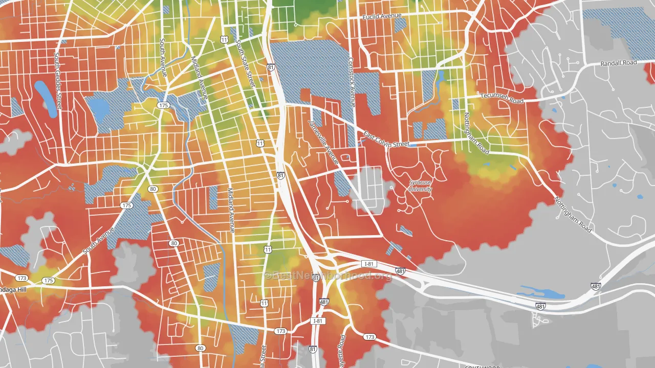 Walk Grade map of Outer Comstock, Syracuse, NY, walkable areas in green and car-dependent areas in red
