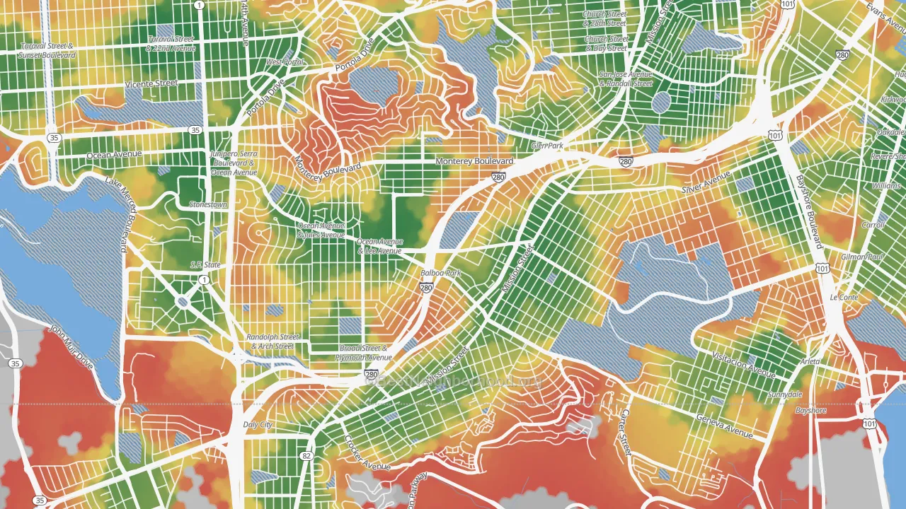 Walk Grade map of Outer Mission, San Francisco, CA, walkable areas in green and car-dependent areas in red
