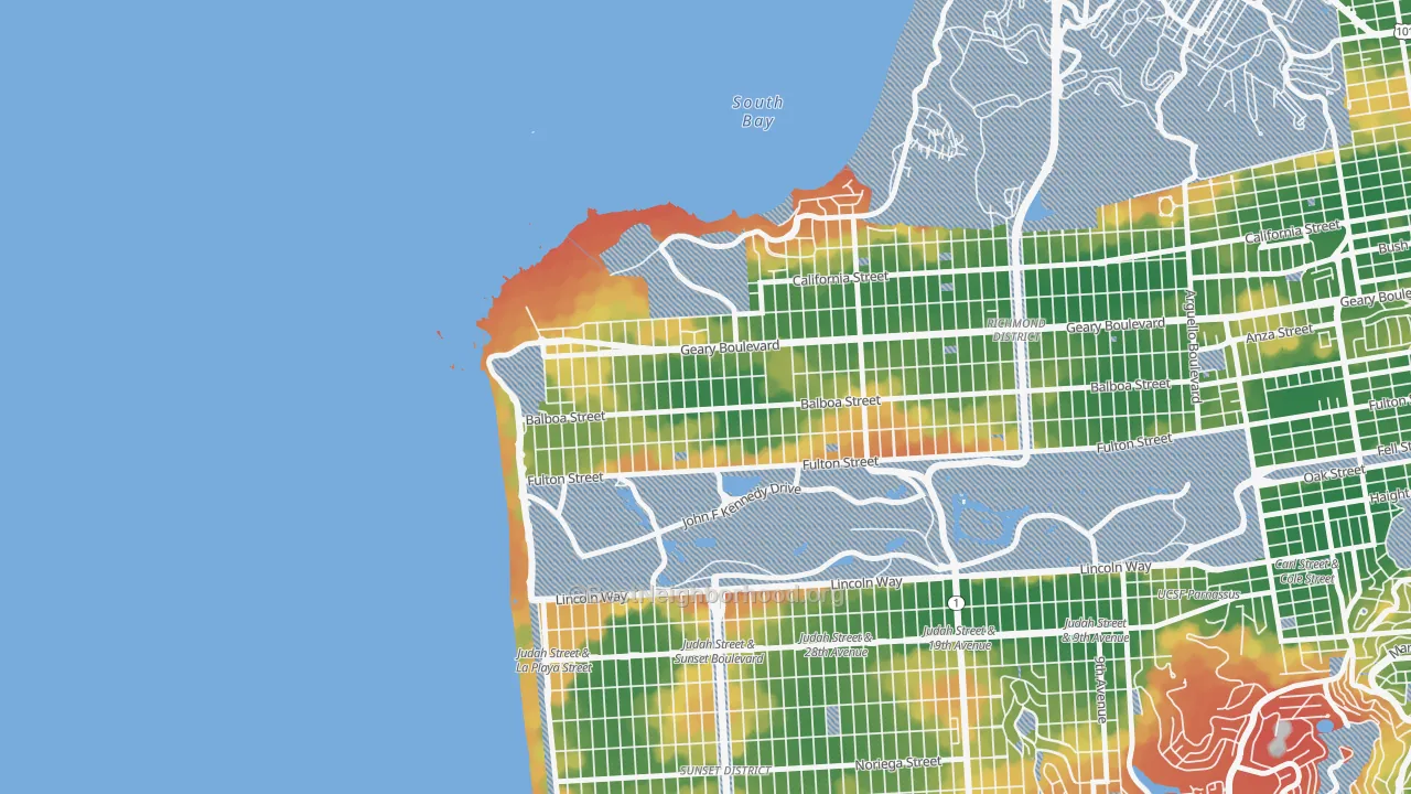 Walk Grade map of Outer Richmond, San Francisco, CA, walkable areas in green and car-dependent areas in red