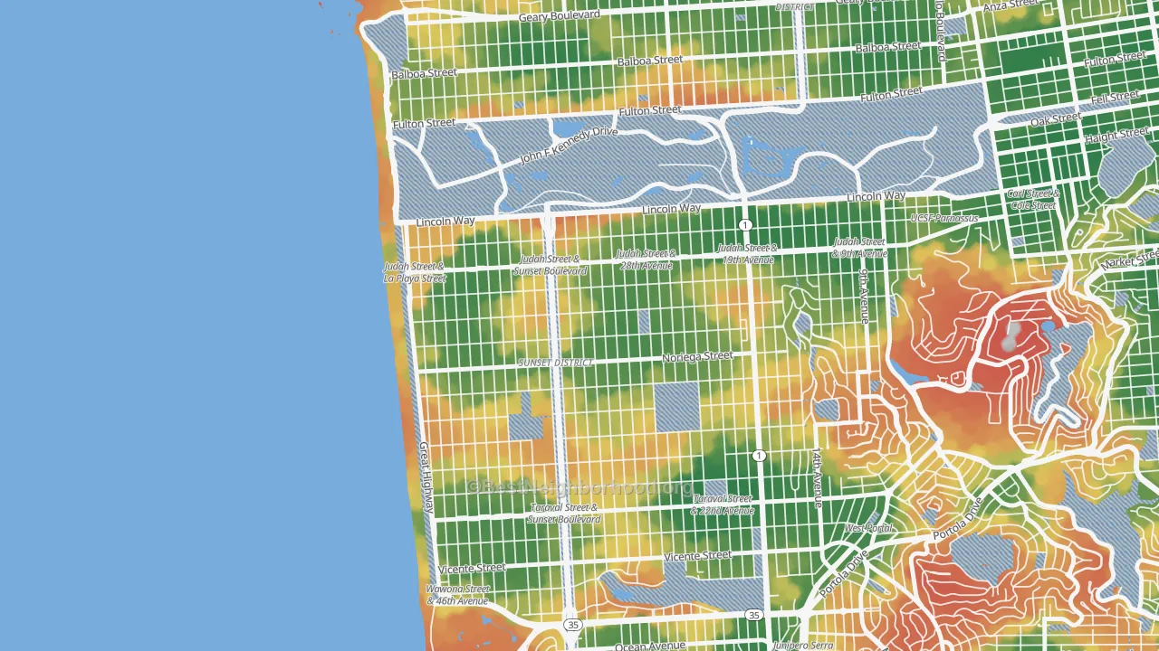 Walk Grade map of Outer Sunset, San Francisco, CA, walkable areas in green and car-dependent areas in red