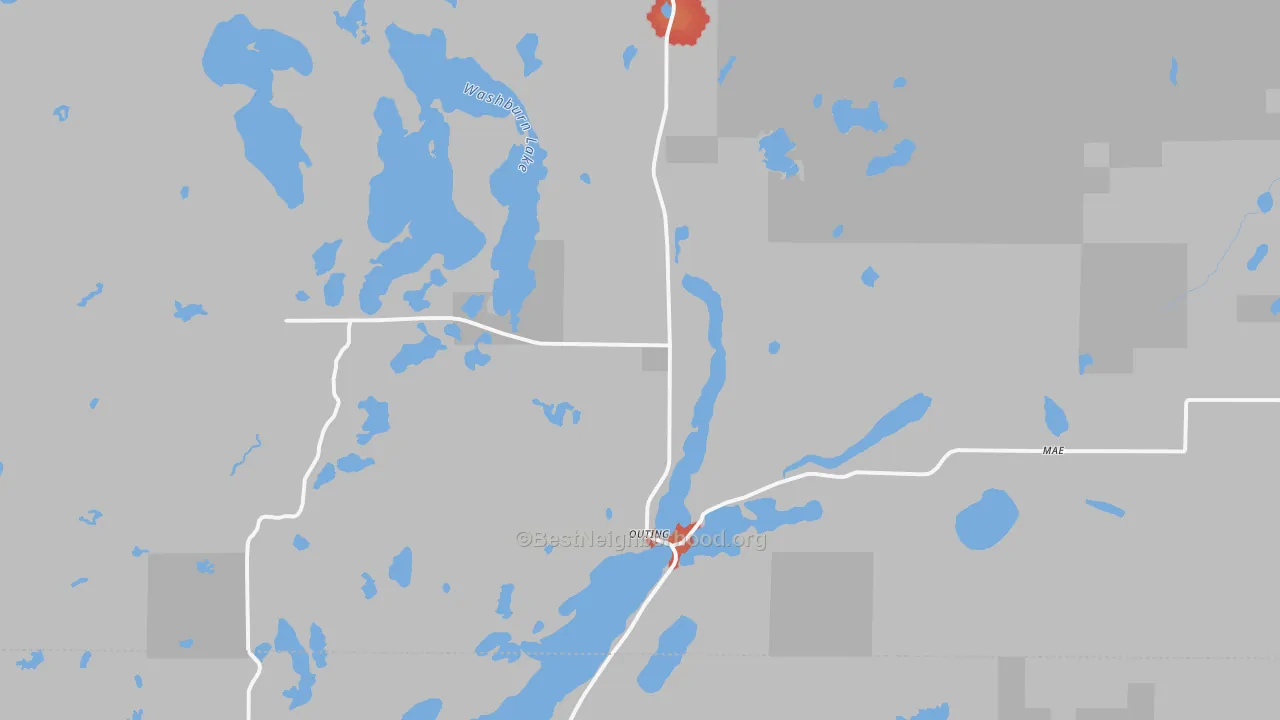 Walk Grade map of Outing, MN, walkable areas in green and car-dependent areas in red