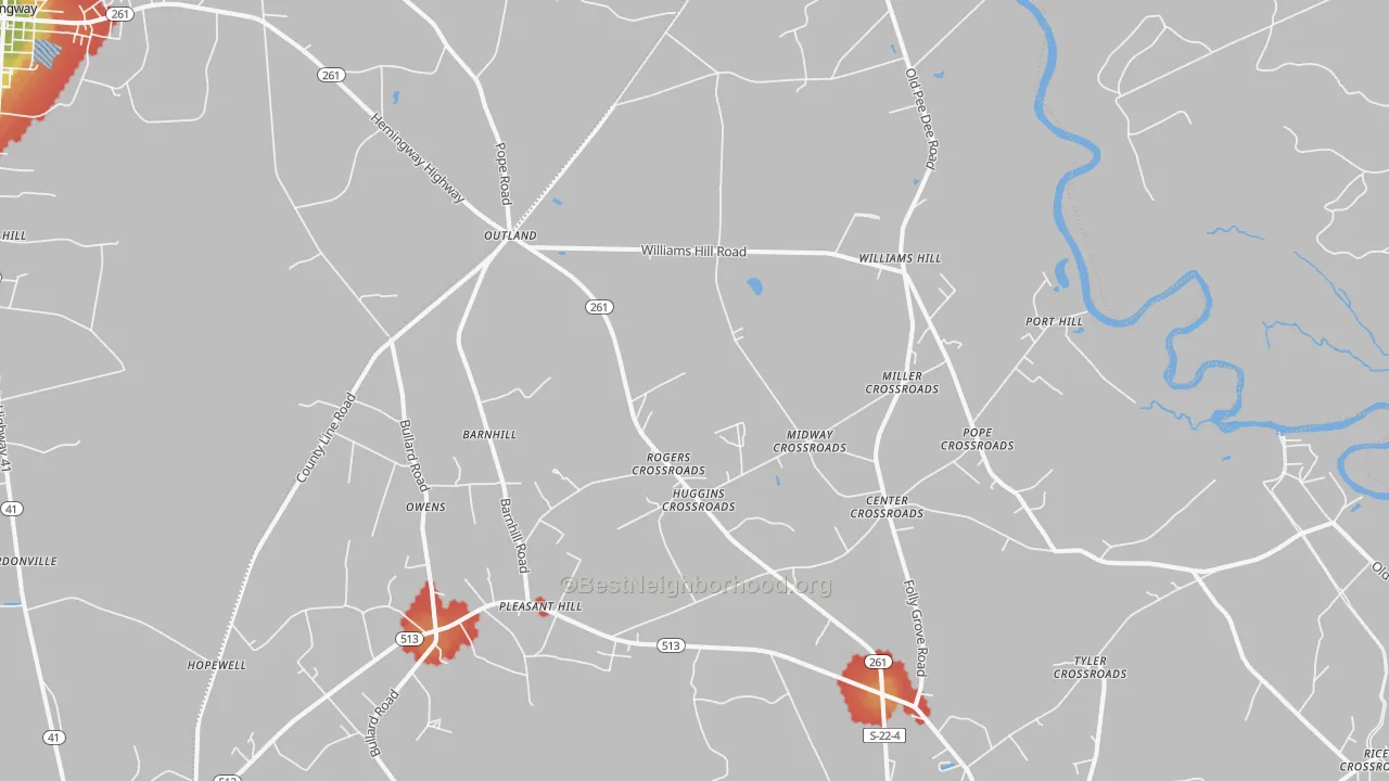 Walk Grade map of Outland, SC, walkable areas in green and car-dependent areas in red