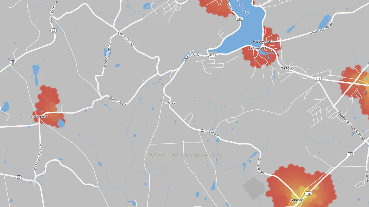 Walk Grade map of Outlet, PA, walkable areas in green and car-dependent areas in red