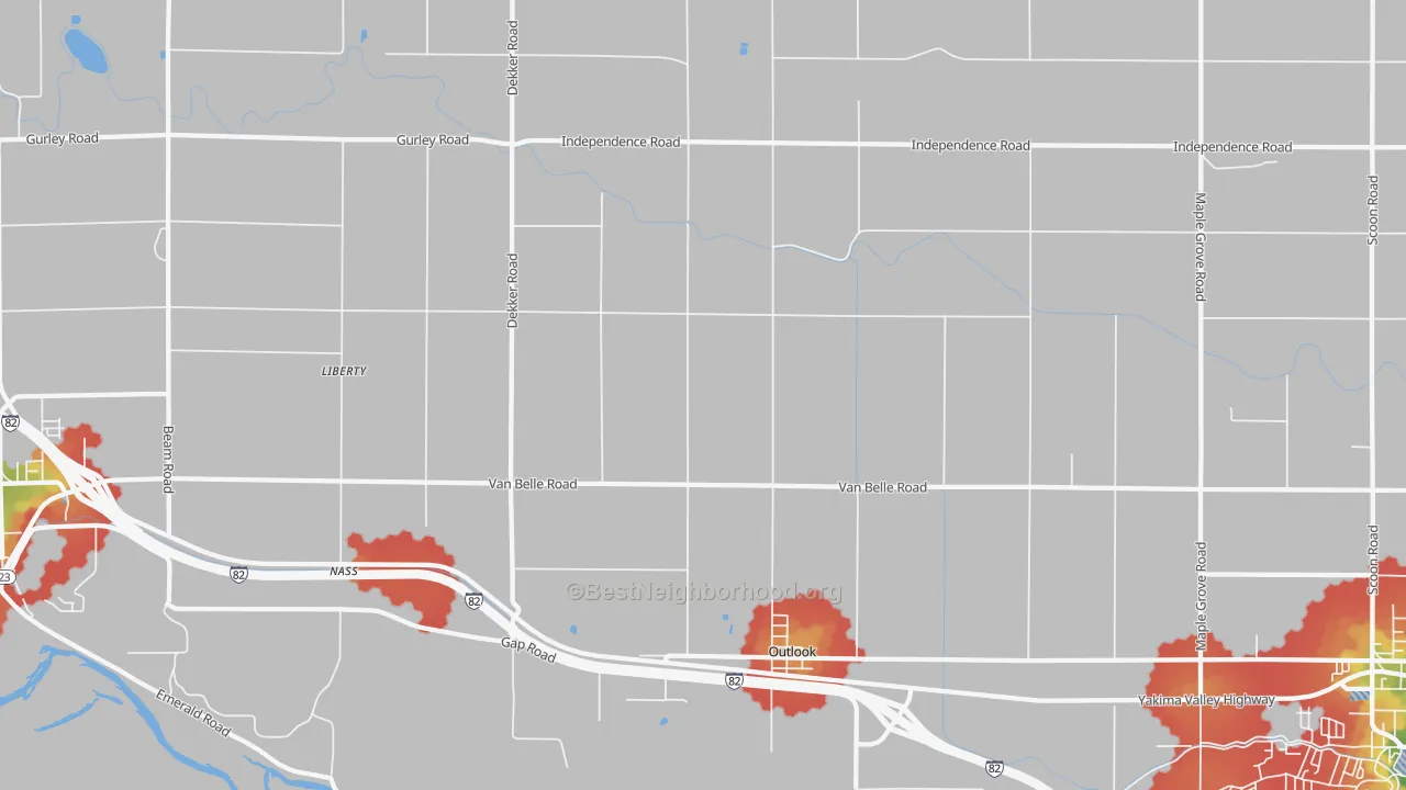 Walk Grade map of Outlook, WA, walkable areas in green and car-dependent areas in red