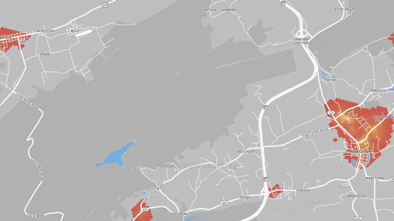 Walk Grade map of Outwood, PA, walkable areas in green and car-dependent areas in red