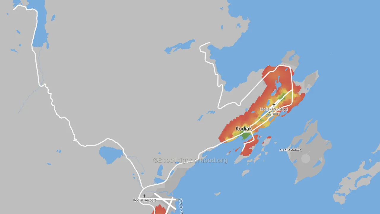 Walk Grade map of Ouzinkie, AK, walkable areas in green and car-dependent areas in red