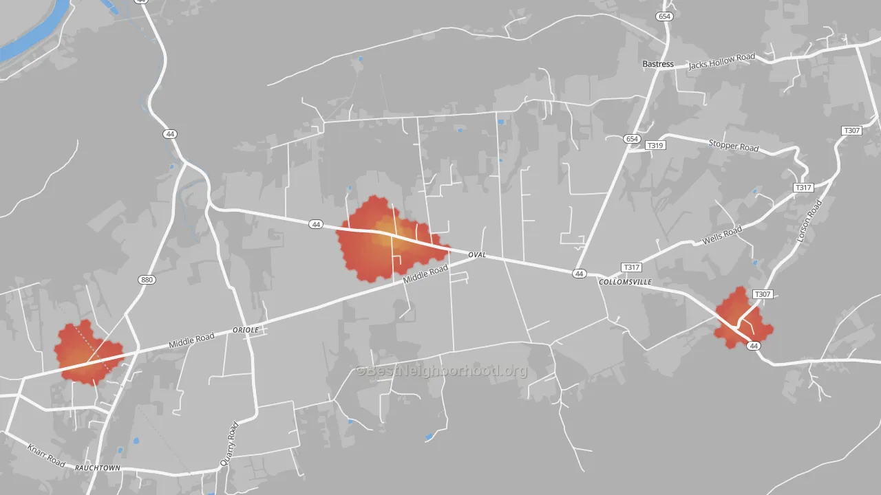 Walk Grade map of Oval, PA, walkable areas in green and car-dependent areas in red