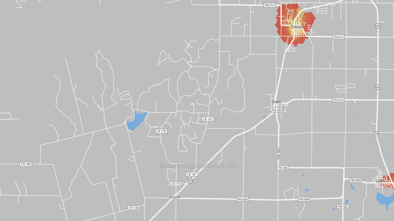 Walk Grade map of Ovalo, TX, walkable areas in green and car-dependent areas in red