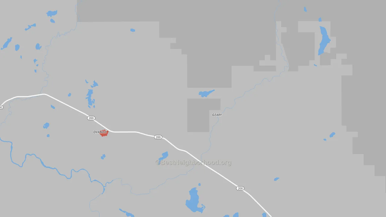 Walk Grade map of Ovando, MT, walkable areas in green and car-dependent areas in red