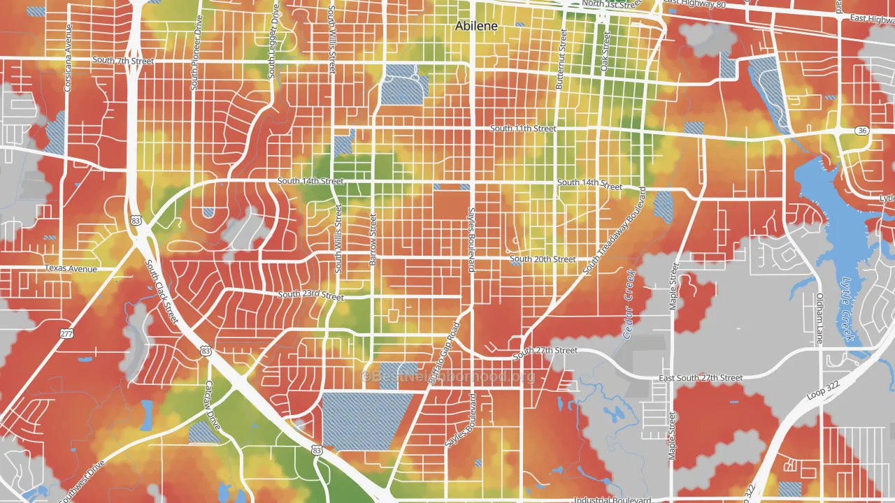 Walk Grade map of Over Place Area, Abilene, TX, walkable areas in green and car-dependent areas in red