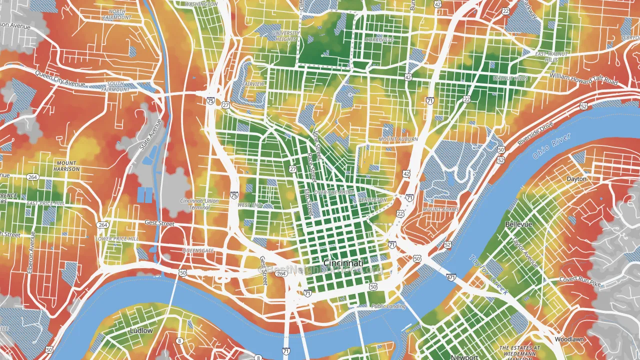 Walk Grade map of Over-the-Rhine, Cincinnati, OH, walkable areas in green and car-dependent areas in red