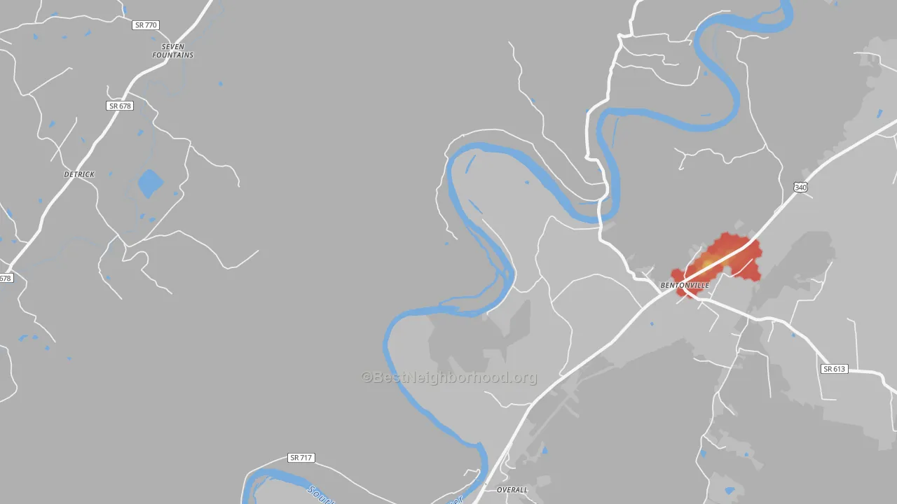 Walk Grade map of Overall, VA, walkable areas in green and car-dependent areas in red