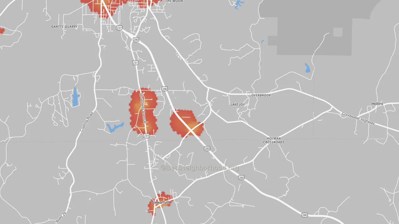Walk Grade map of Overbrook, AL, walkable areas in green and car-dependent areas in red