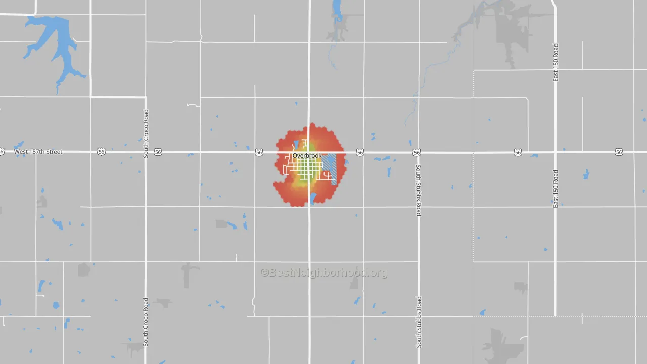 Walk Grade map of Overbrook, KS, walkable areas in green and car-dependent areas in red