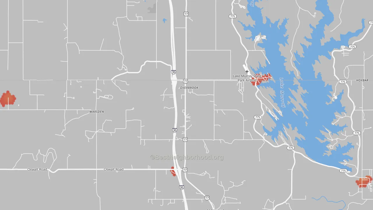 Walk Grade map of Overbrook, OK, walkable areas in green and car-dependent areas in red