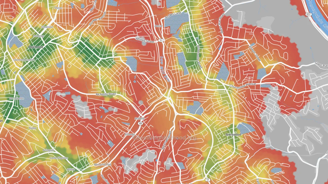Walk Grade map of Overbrook, Pittsburgh, PA, walkable areas in green and car-dependent areas in red