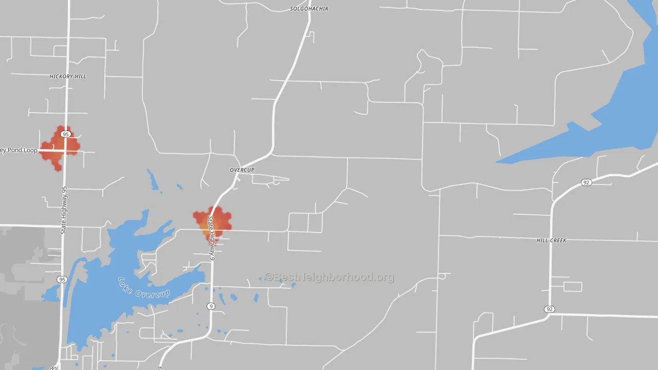 Walk Grade map of Overcup, AR, walkable areas in green and car-dependent areas in red