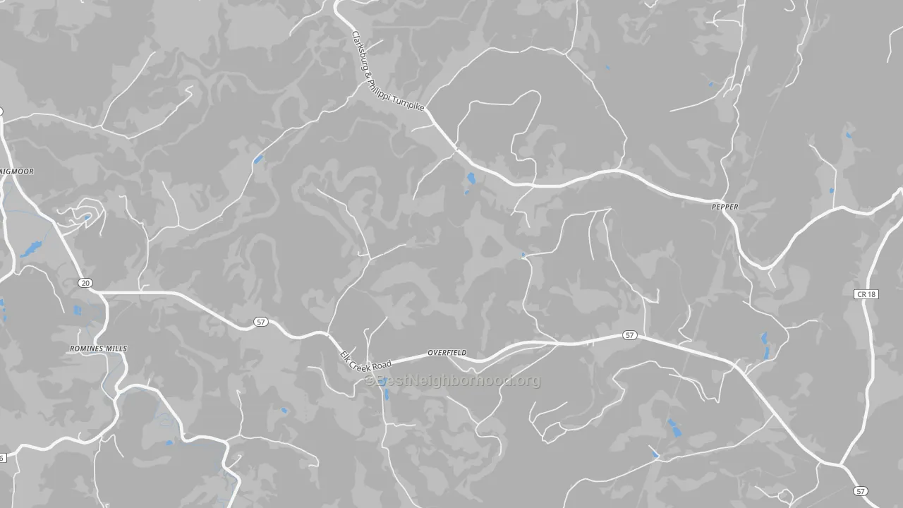 Walk Grade map of Overfield, WV, walkable areas in green and car-dependent areas in red