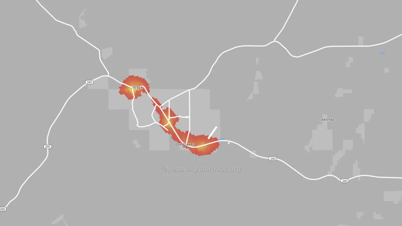 Walk Grade map of Overgaard, AZ, walkable areas in green and car-dependent areas in red