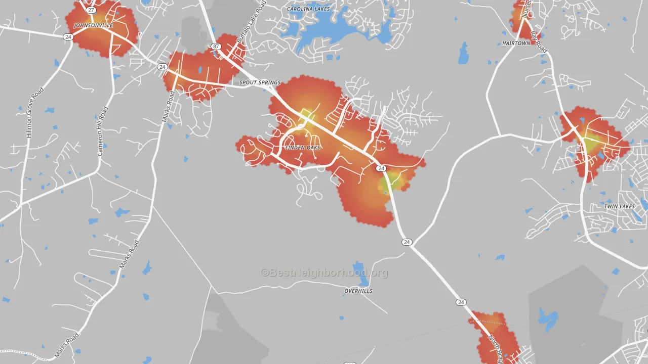 Walk Grade map of Overhills, NC, walkable areas in green and car-dependent areas in red