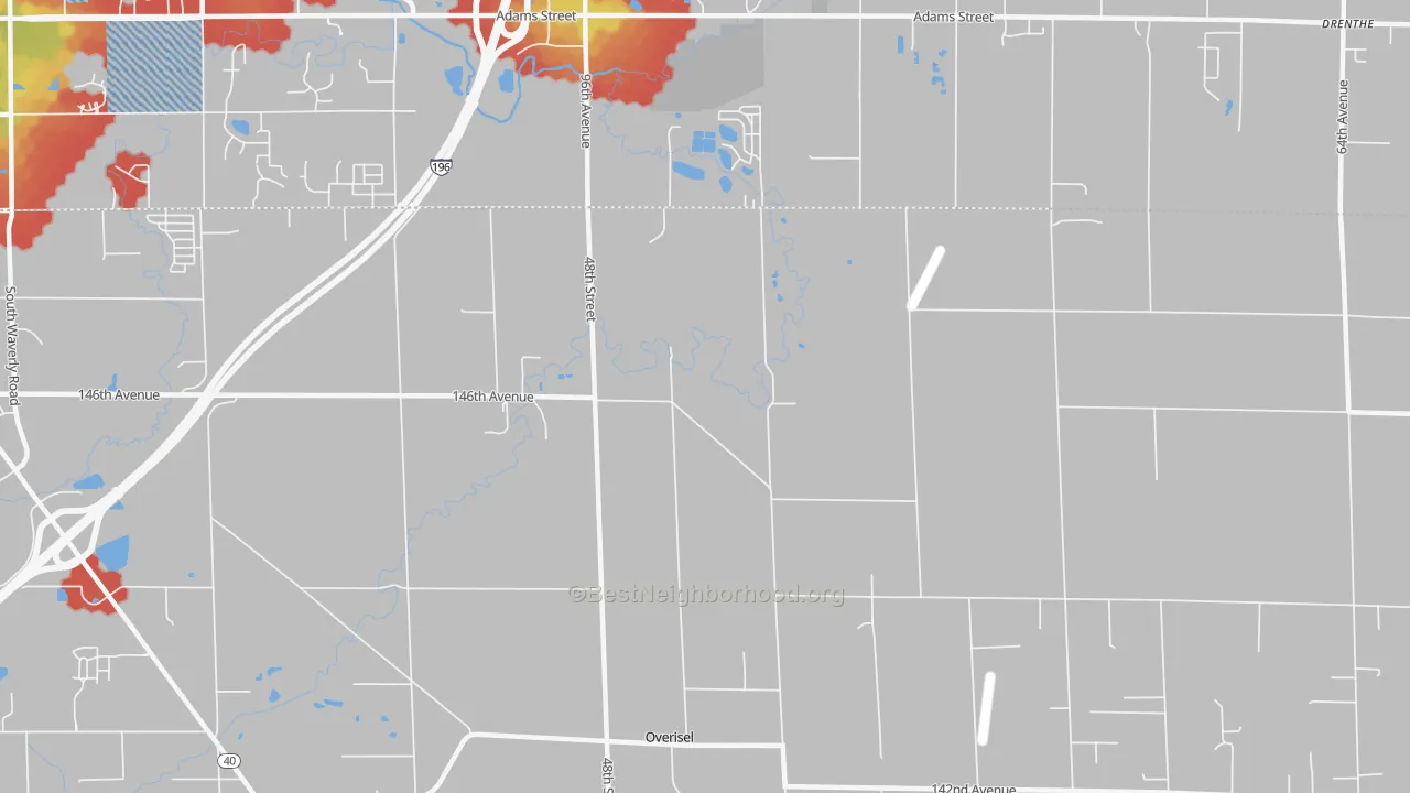 Walk Grade map of Overisel, MI, walkable areas in green and car-dependent areas in red