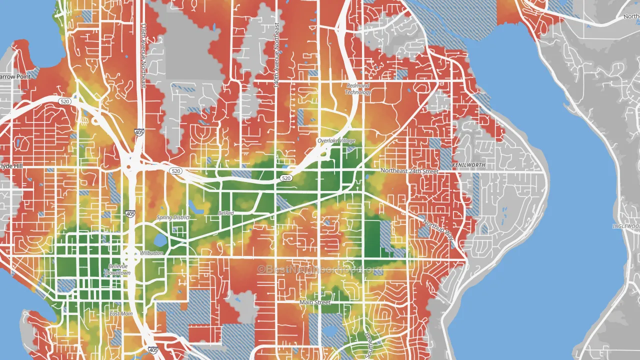 Walk Grade map of Overlake, Bellevue, WA, walkable areas in green and car-dependent areas in red