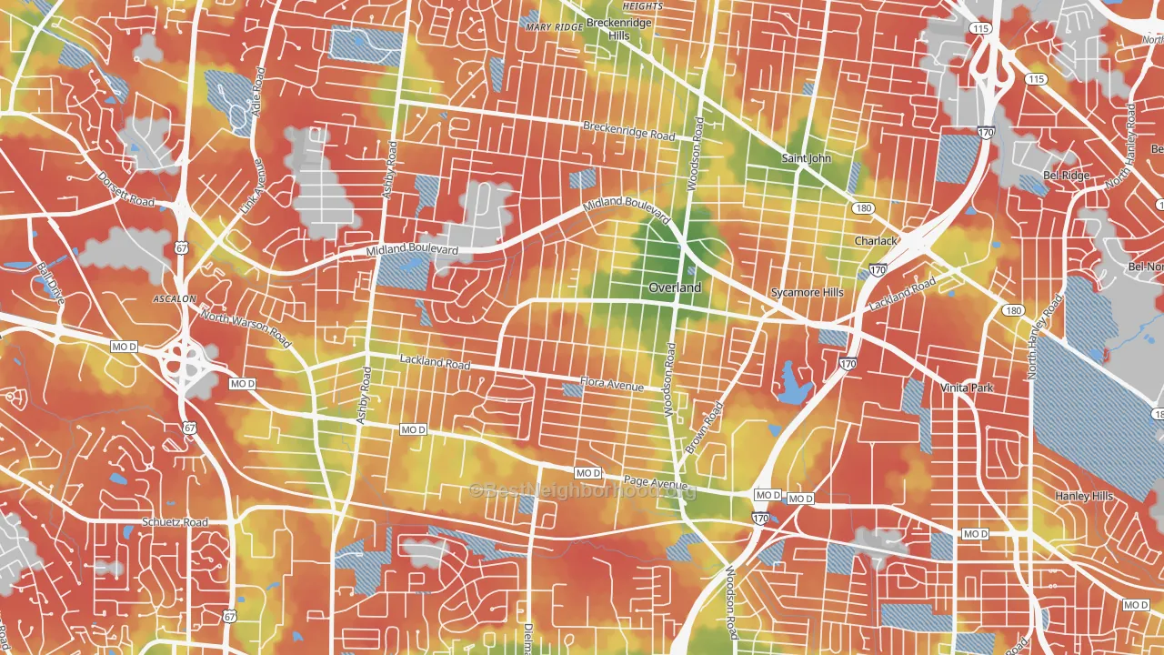 Walk Grade map of Overland, MO, walkable areas in green and car-dependent areas in red