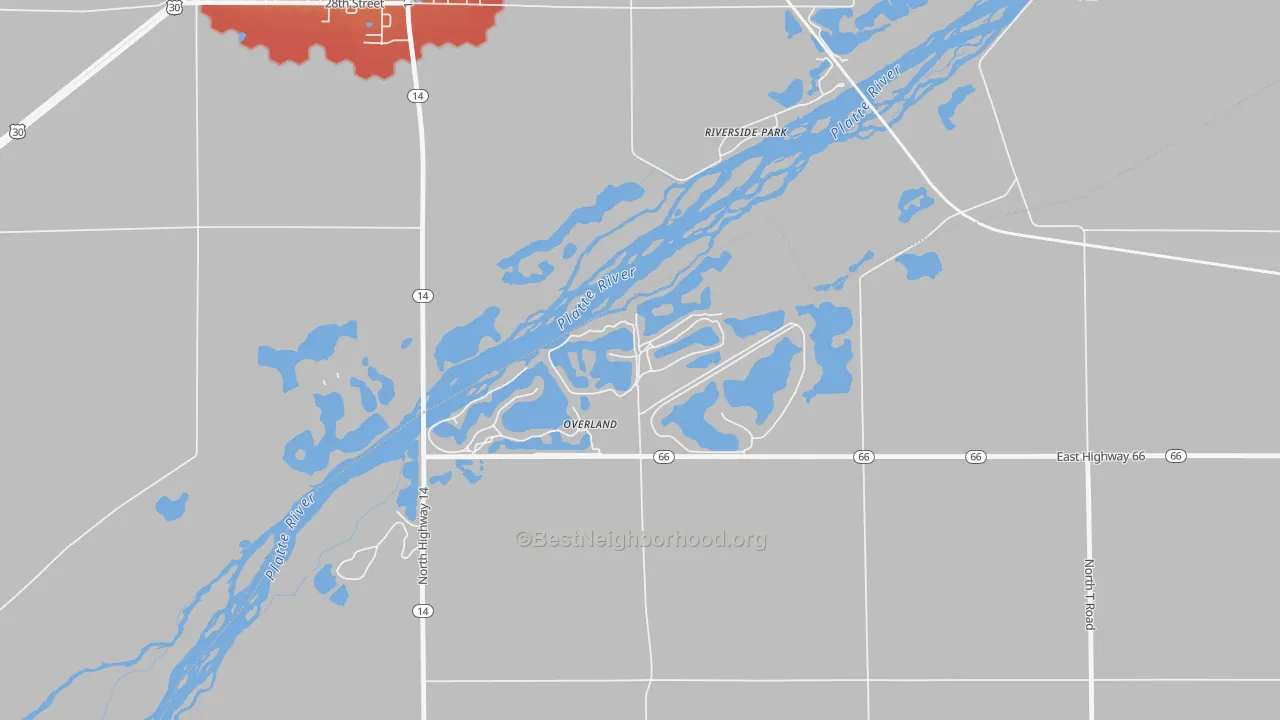 Walk Grade map of Overland, NE, walkable areas in green and car-dependent areas in red
