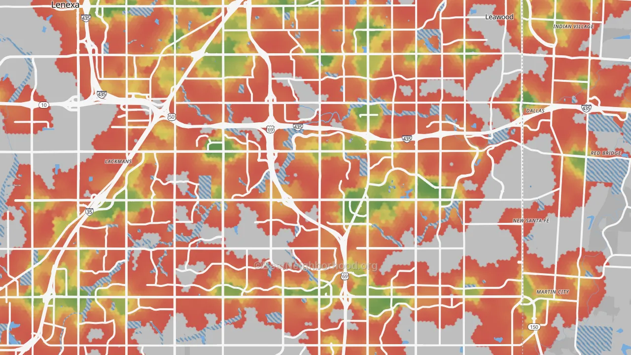 Walk Grade map of Overland Park, KS, walkable areas in green and car-dependent areas in red