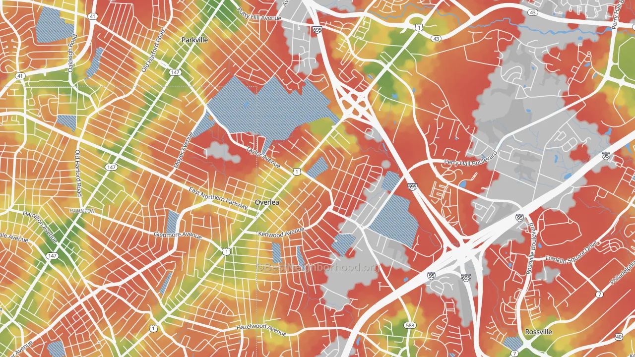 Walk Grade map of Overlea, MD, walkable areas in green and car-dependent areas in red